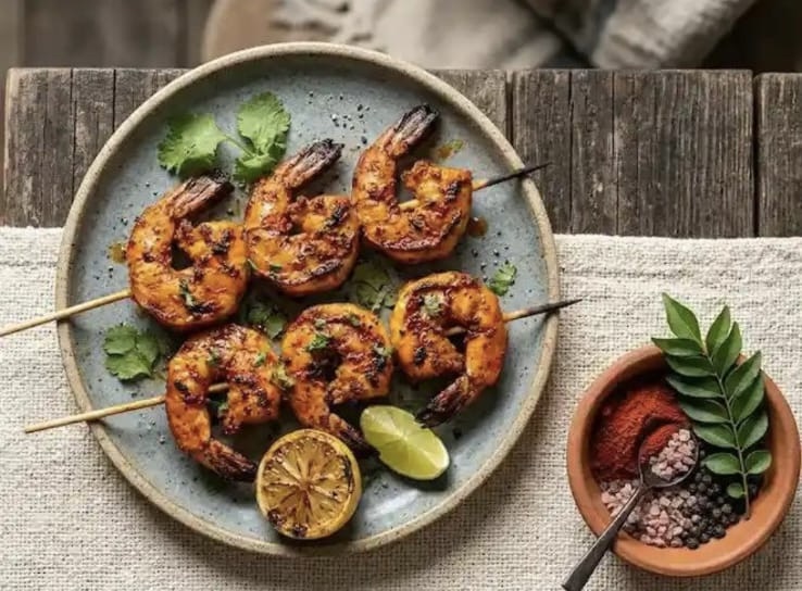 Tandoori prawns on skewers with lemon